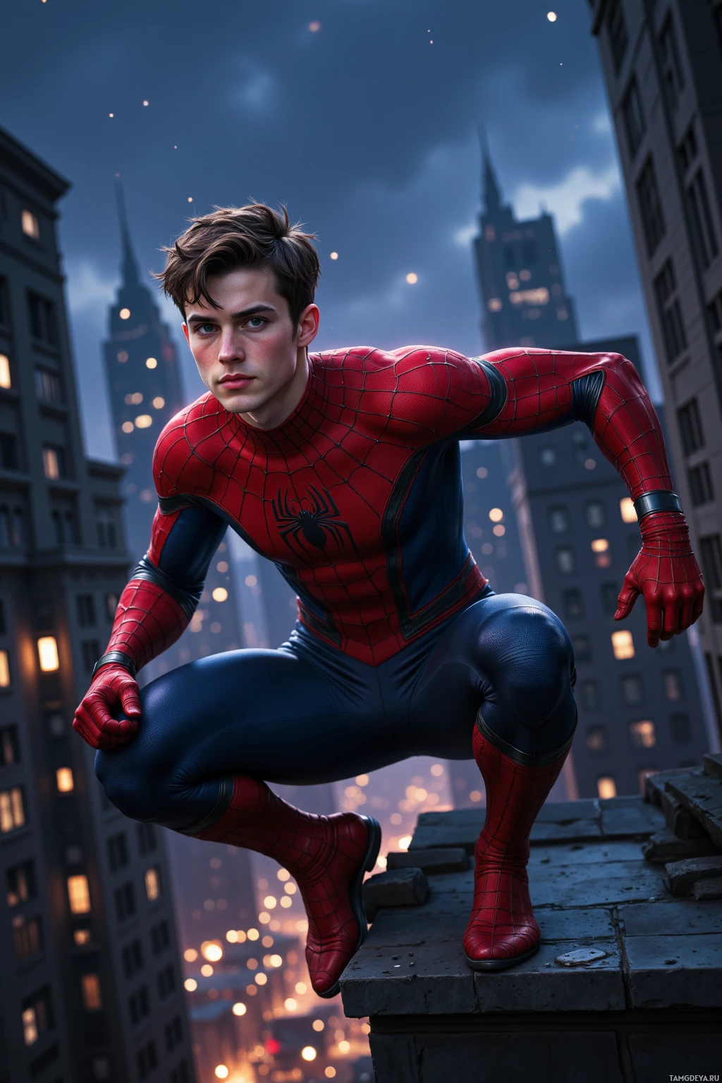 A Spider-Man character in a red and blue suit crouches on a rooftop against a cityscape at dusk.