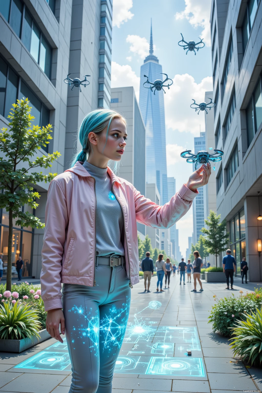 A person in a futuristic urban setting interacts with a drone and holographic technology.