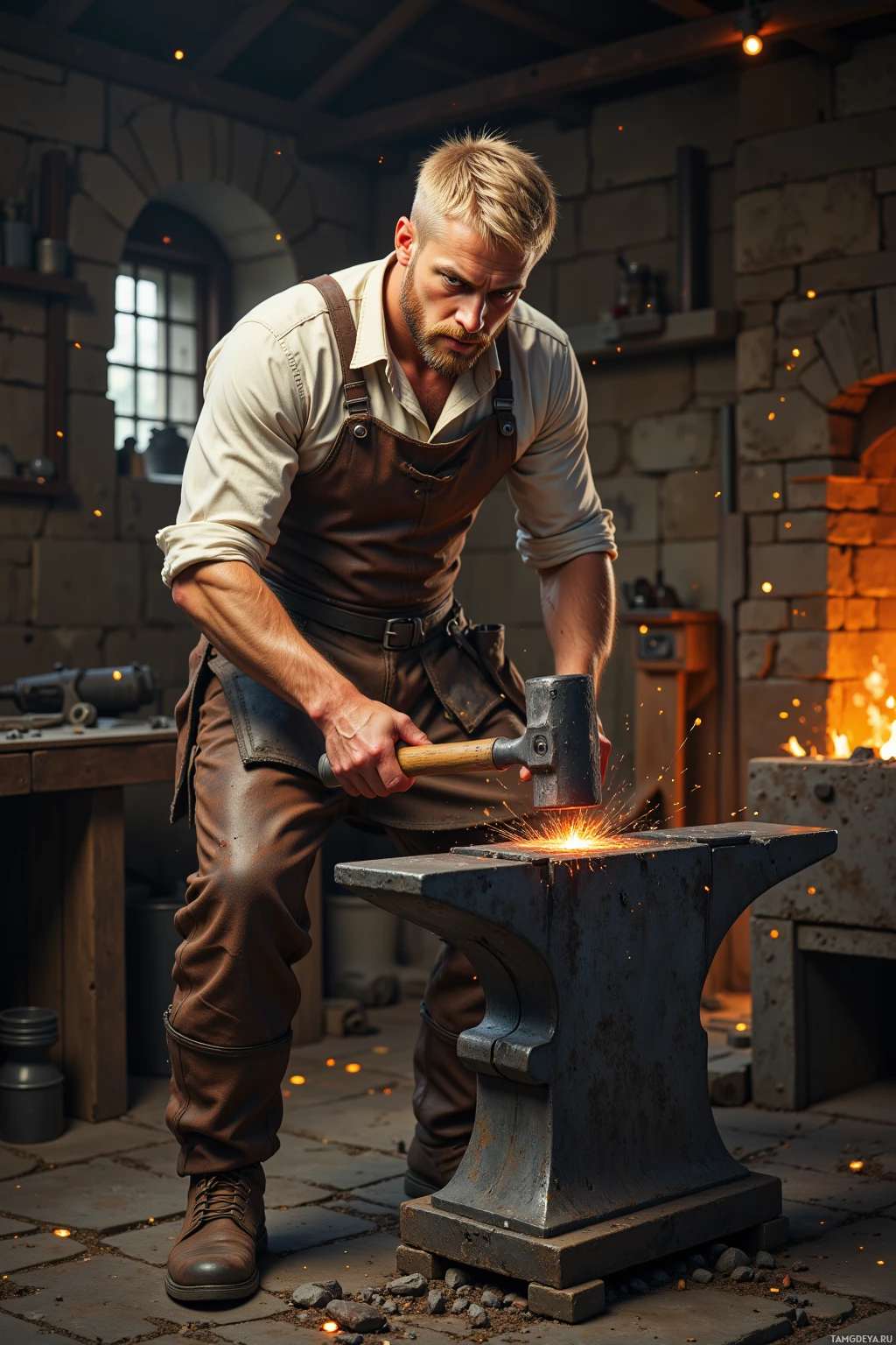 A blacksmith in a workshop forging metal with sparks flying.