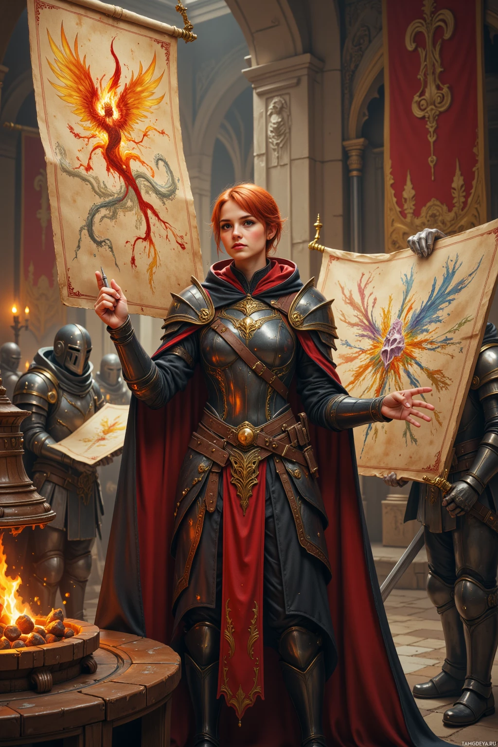 A woman in ornate armor holds a banner with a phoenix design in a grand hall.