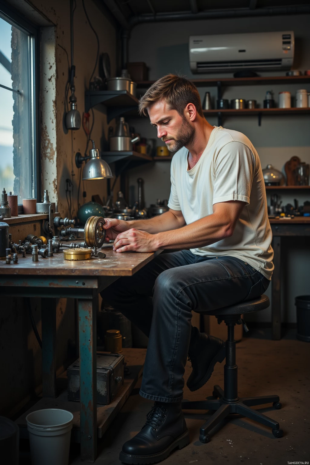 A man works on a mechanical device in a workshop.