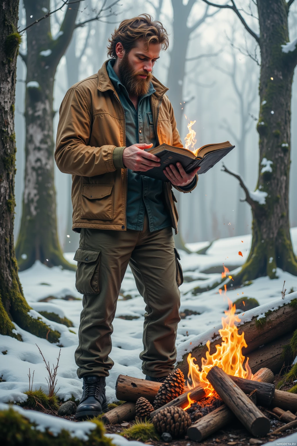 A man in outdoor attire reads a book by a campfire in a snowy forest.