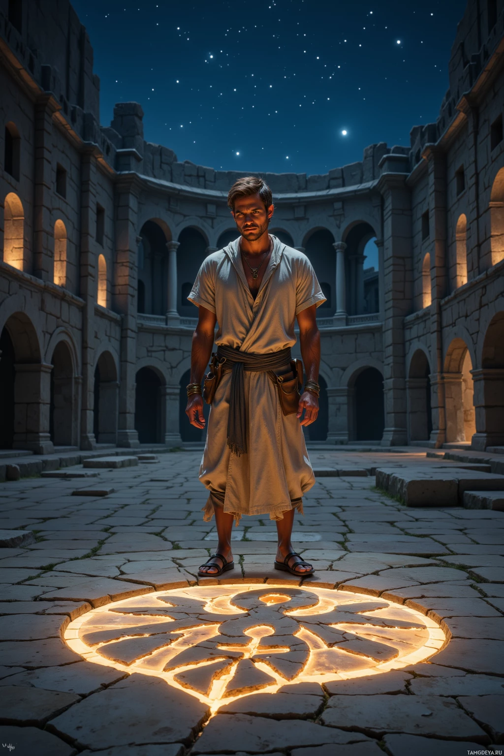 A man stands in a stone courtyard under a starry night sky, illuminated by a glowing symbol on the ground.