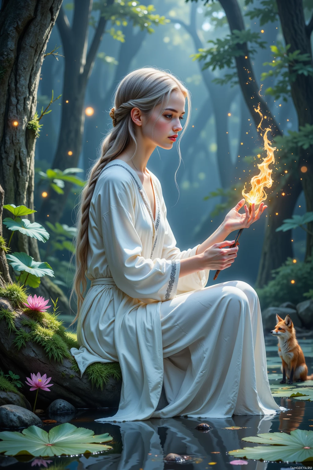 A woman in a white robe sits by a pond, holding a glowing object, with a fox and lily pads nearby.