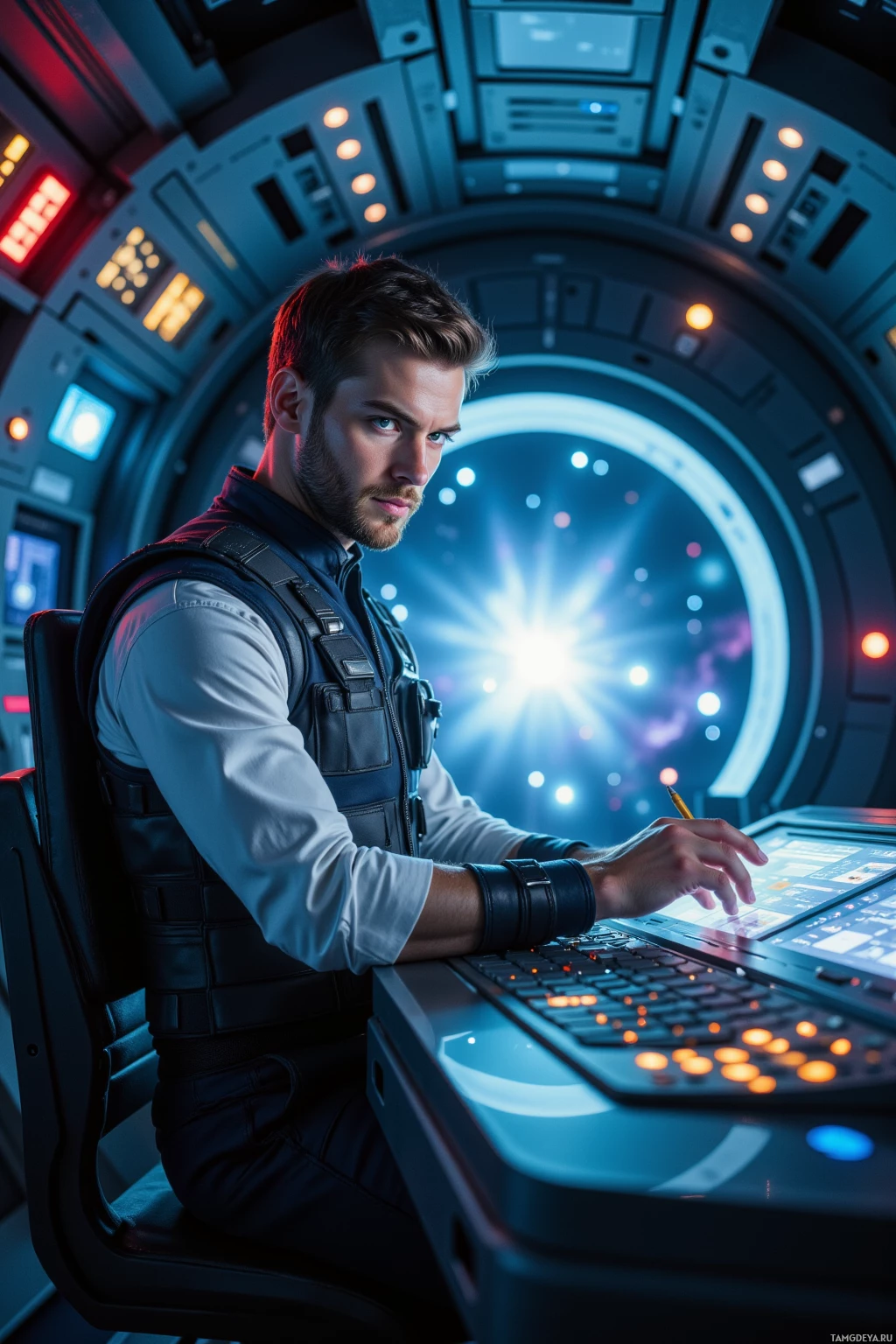 A man in a futuristic setting operates a control panel.