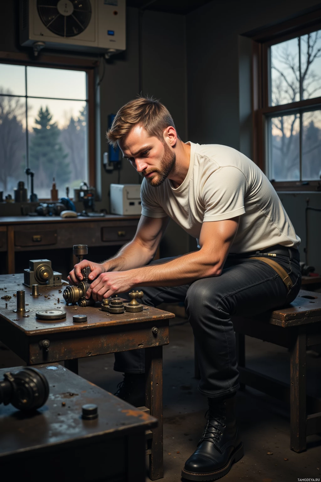 A man works on machinery in a workshop.
