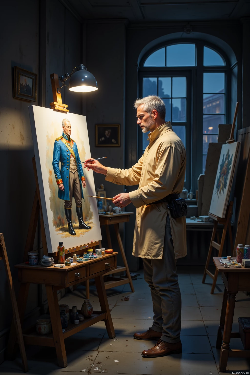 A man paints a portrait of a historical figure in a dimly lit studio.