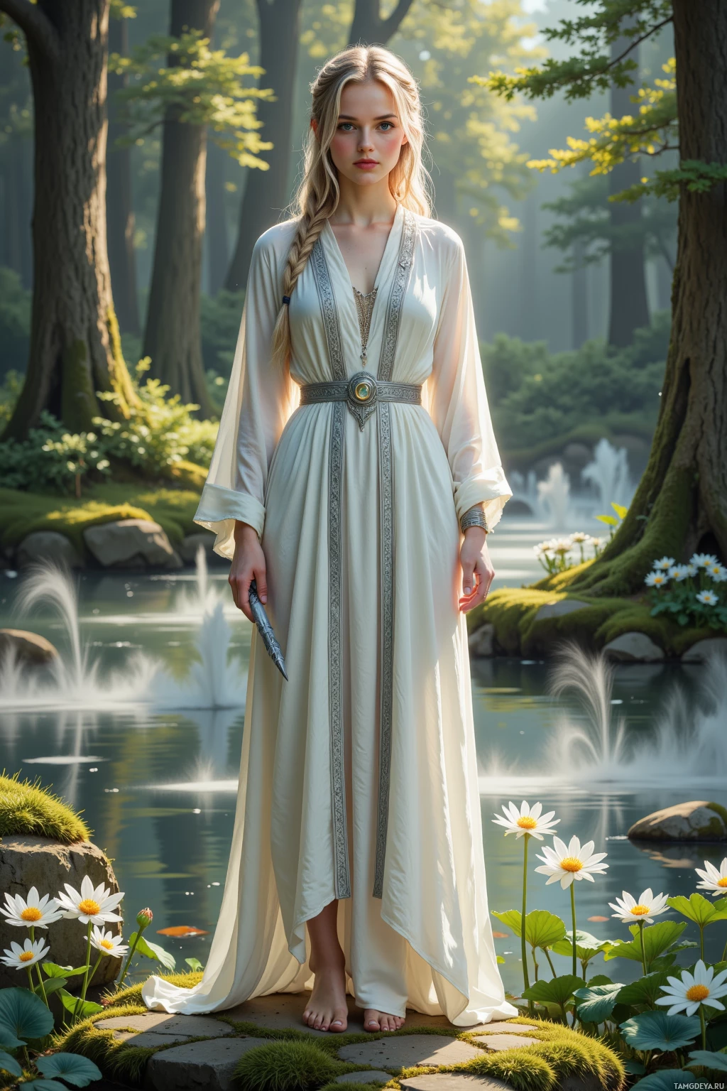 A woman in a flowing white dress stands in a serene forest setting with a pond and fountain.