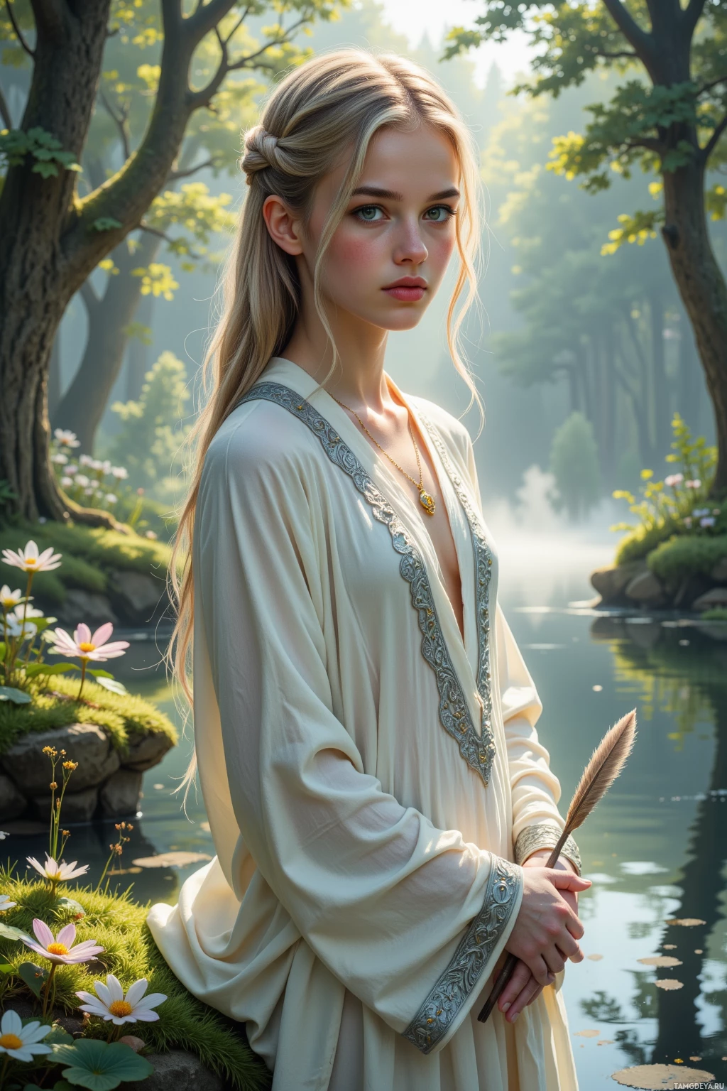A woman in a flowing white robe stands by a serene pond in a lush forest.