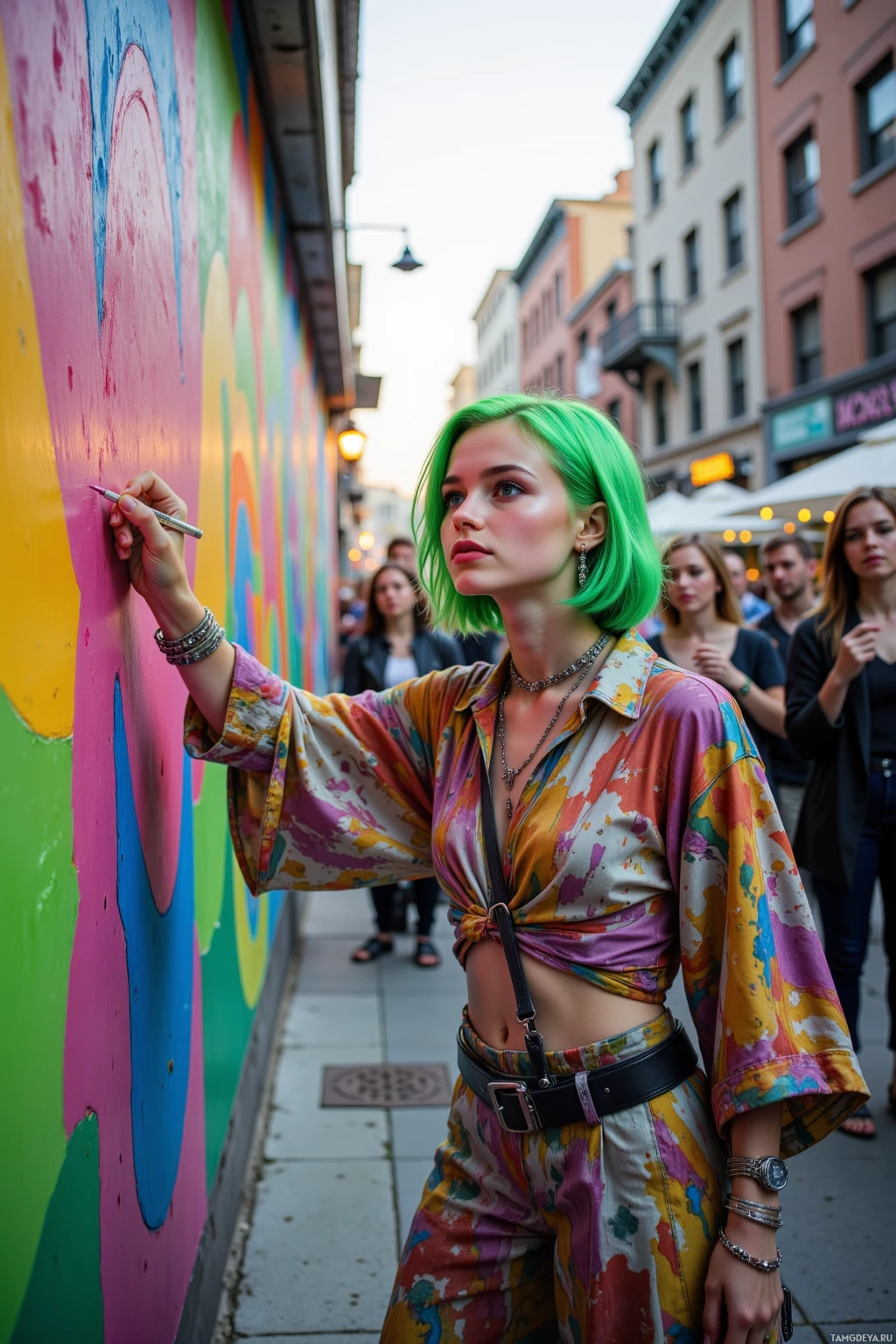 A person with green hair wearing a colorful outfit is drawing on a wall in a city street.