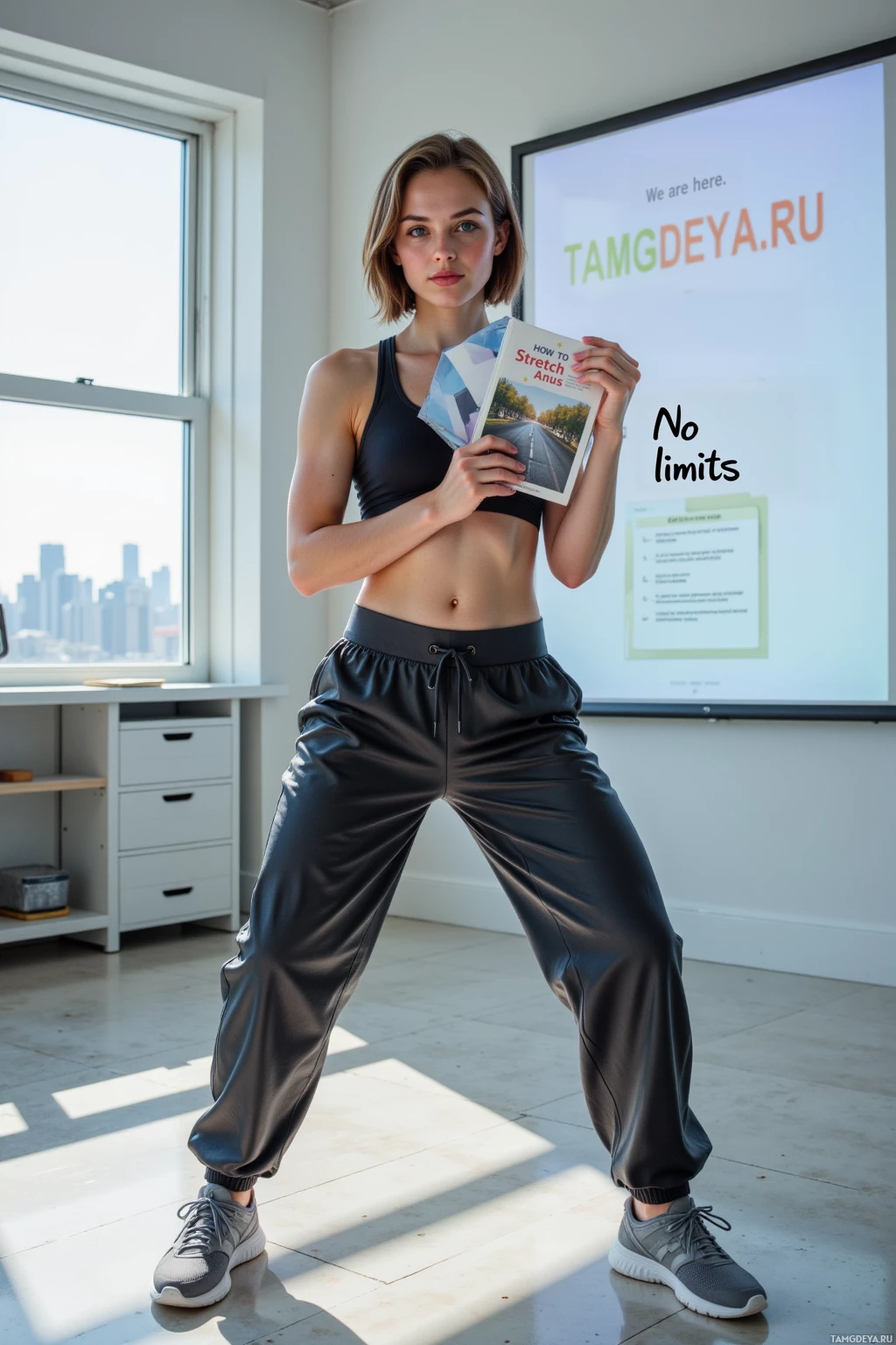 A person in athletic attire holds a book in a well-lit room with a cityscape view.