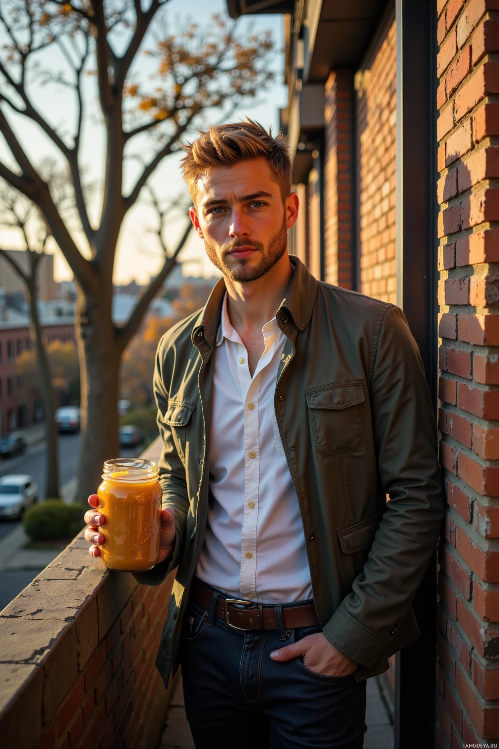 A man stands outdoors holding a jar of orange liquid, wearing a jacket and jeans.