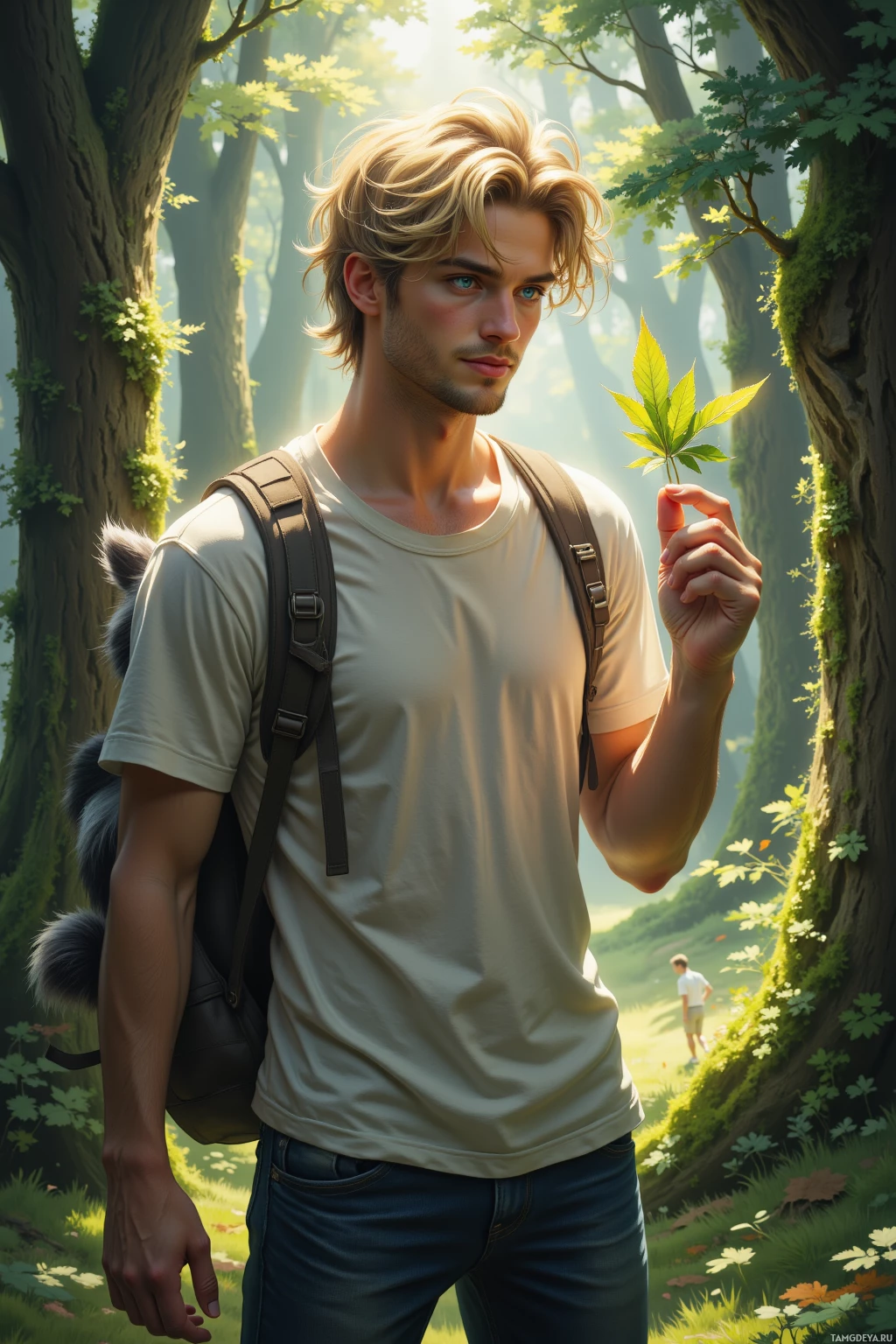 A person with a backpack holds a leaf in a forest setting.