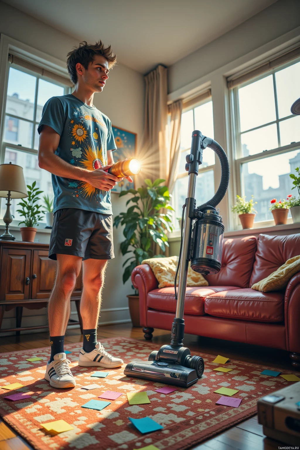 A man stands in a living room holding a flashlight, with a vacuum cleaner and scattered sticky notes on the floor.
