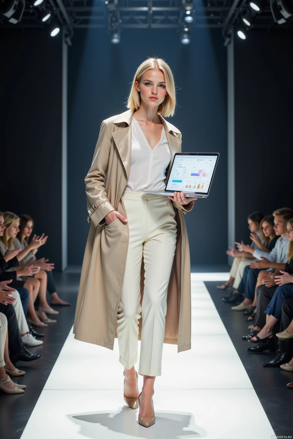 A model walks down a runway in a beige trench coat and white pants, holding a laptop.