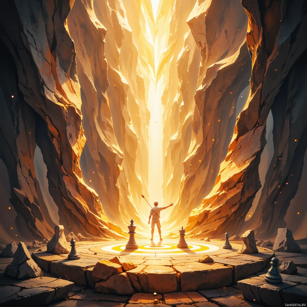 A person stands at the entrance of a glowing, narrow canyon, facing a bright light.