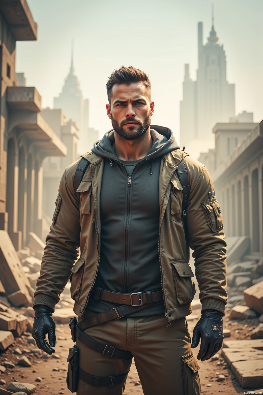 A man in a tactical outfit stands in a desolate urban environment.