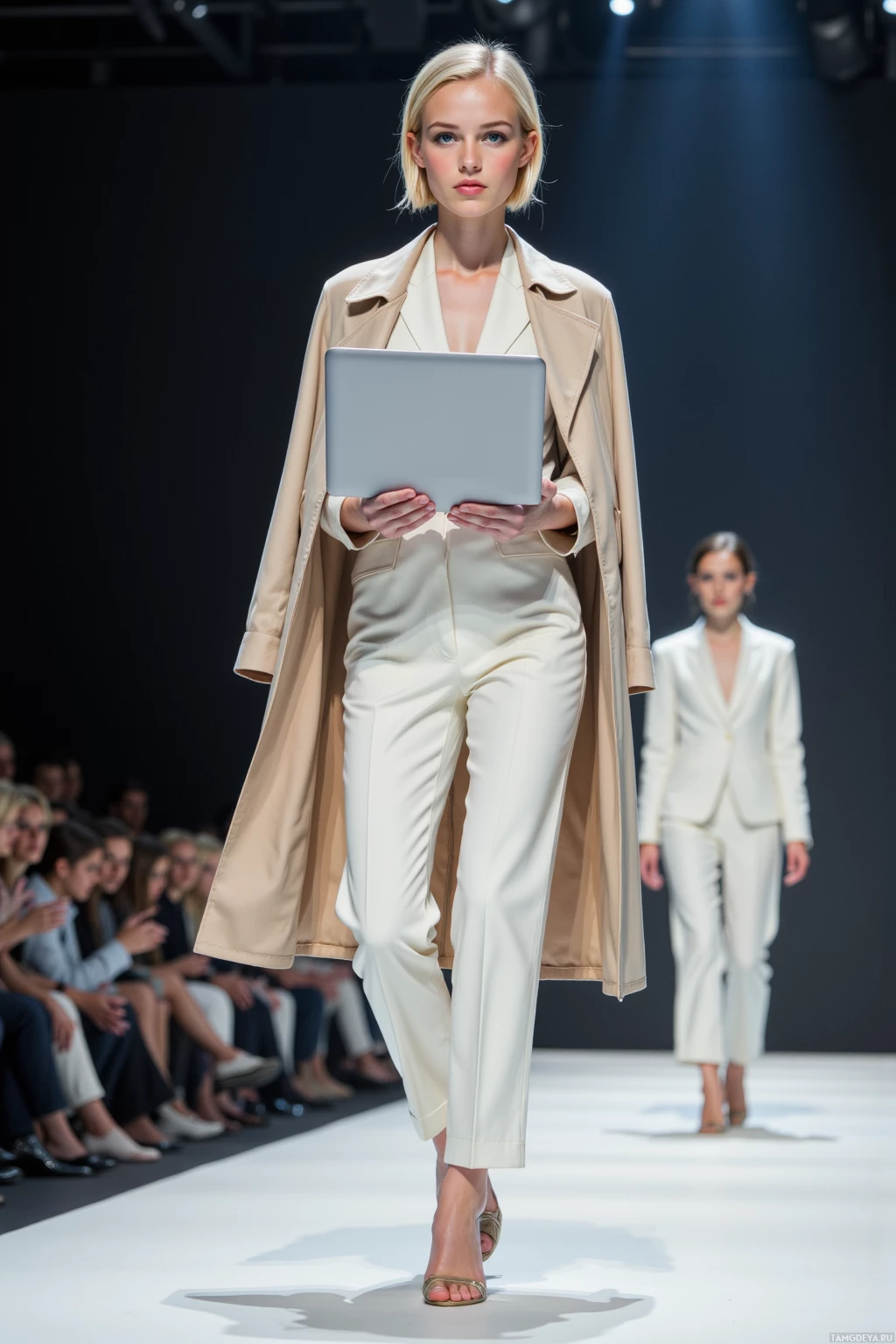 A model walks down a runway in a beige trench coat and white pants, holding a laptop.