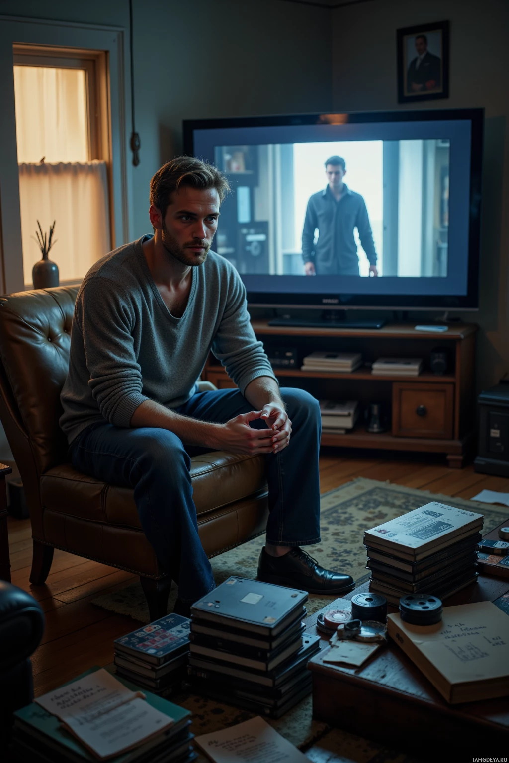 A man sits on a leather chair in a dimly lit room, watching a television showing another man.