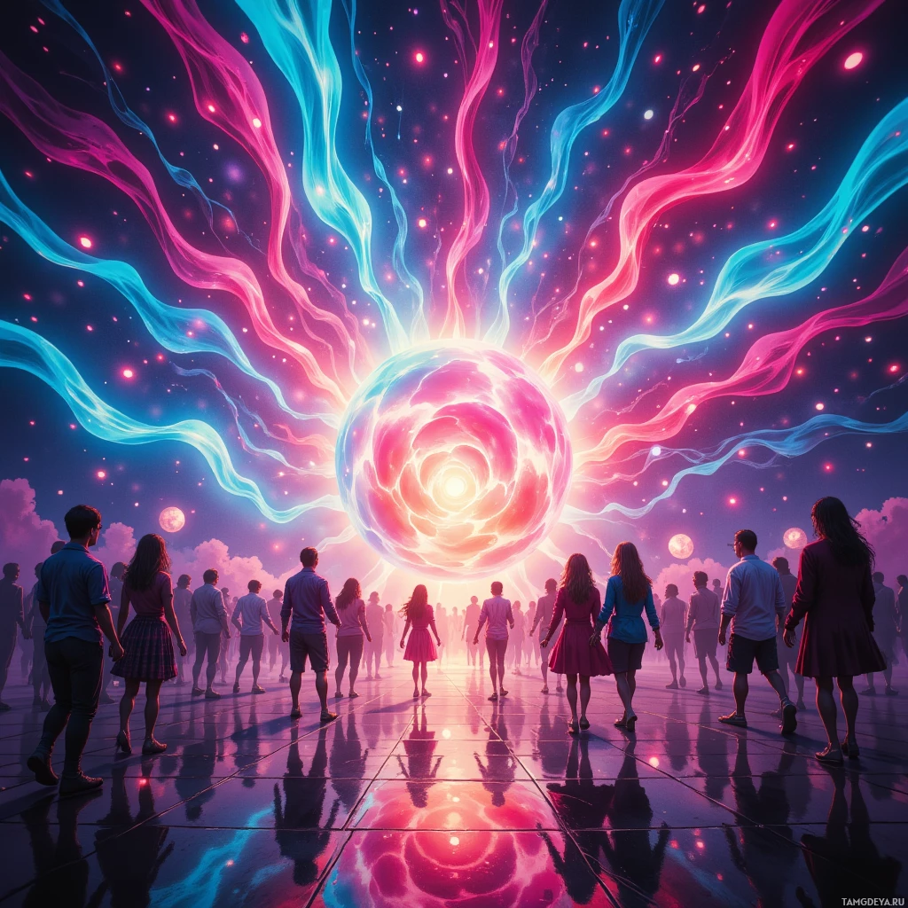 A group of people stands in front of a glowing, colorful cosmic portal.