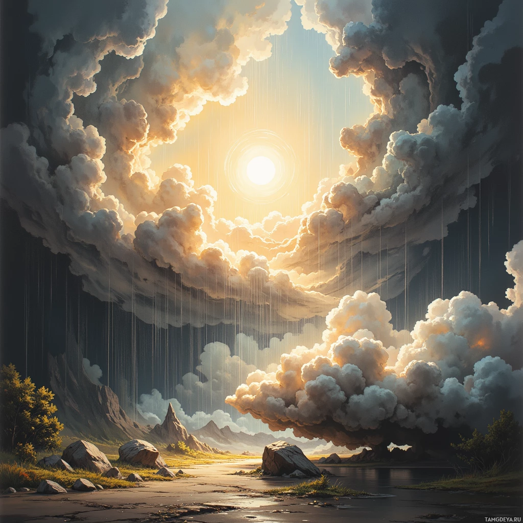 A serene landscape with a sunlit sky, dramatic clouds, and a calm river.