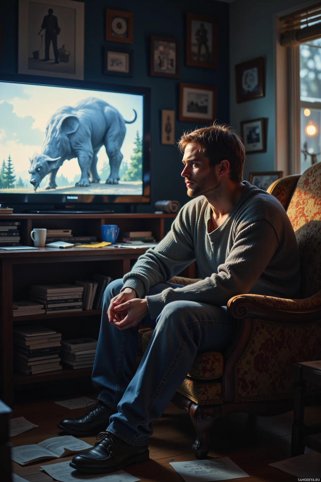 A man sits in a chair watching a TV showing an image of a large animal.
