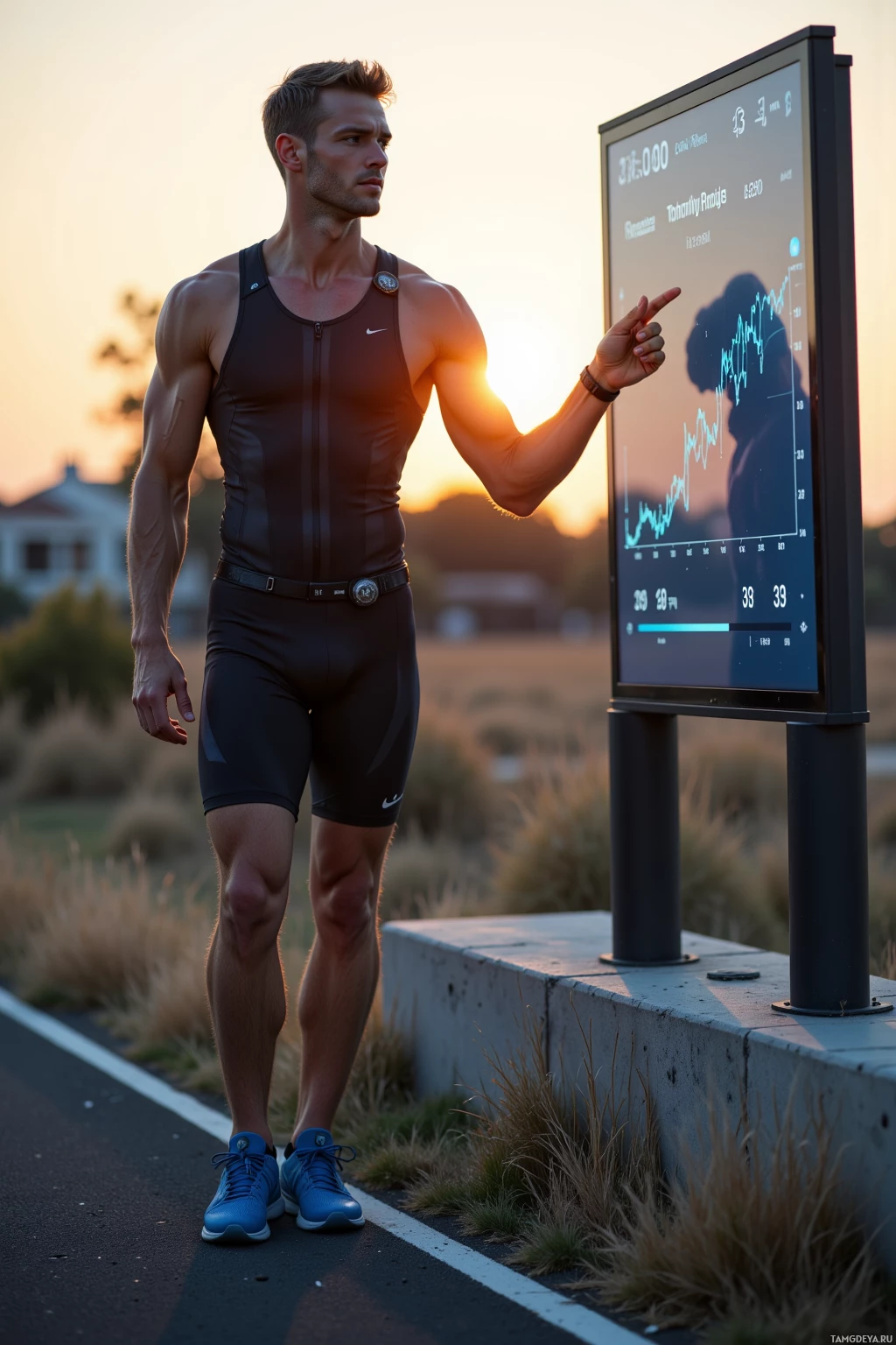A muscular man in athletic attire stands beside a road, pointing at a digital display showing fitness metrics.