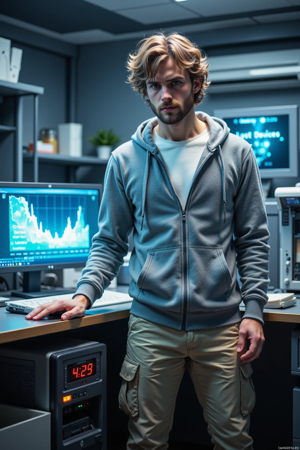 A man in a hoodie stands in a modern office setting with computer monitors and equipment.