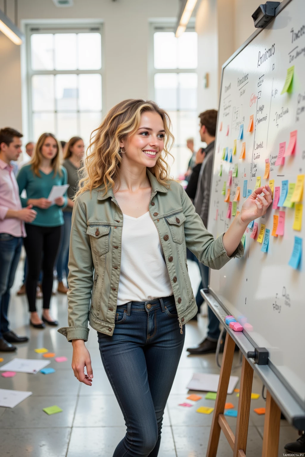 A woman stands in front of a whiteboard with sticky notes, smiling as she participates in a brainstorming session.