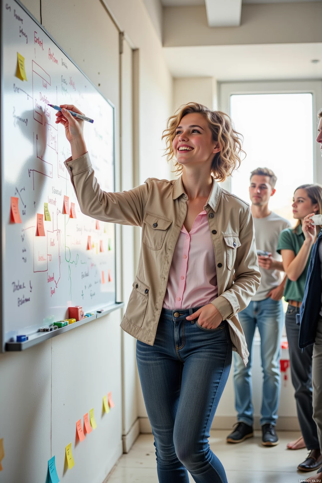 A woman stands in front of a whiteboard, writing with a marker while others observe.