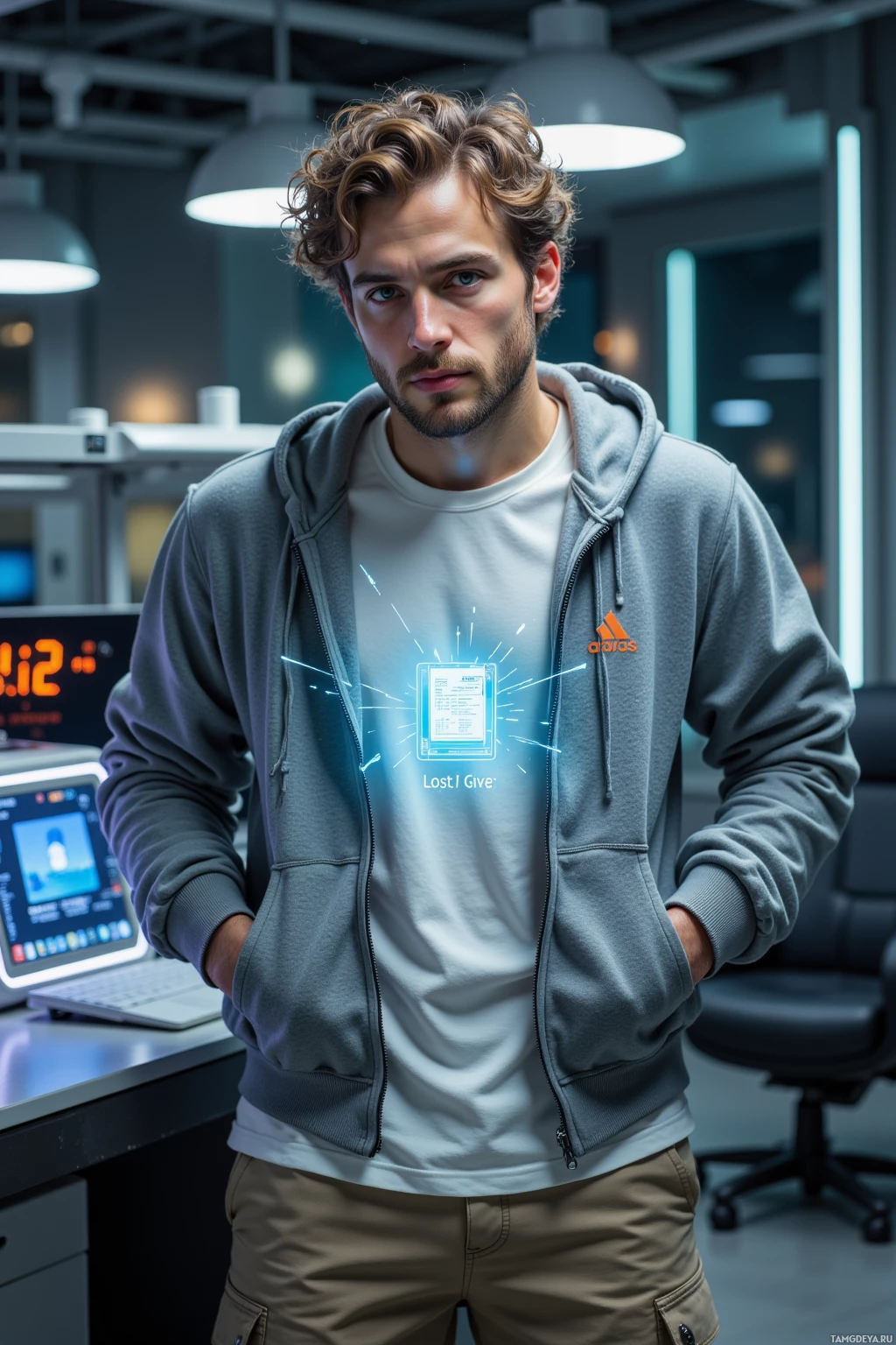 A man in a hoodie stands in a modern office setting.