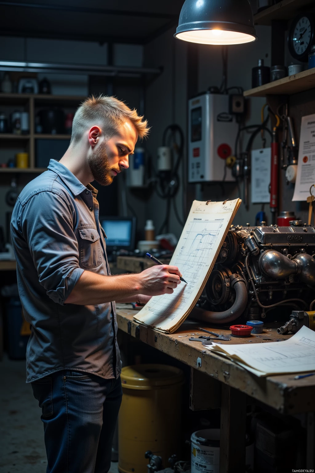 A man in a workshop is sketching on a clipboard.