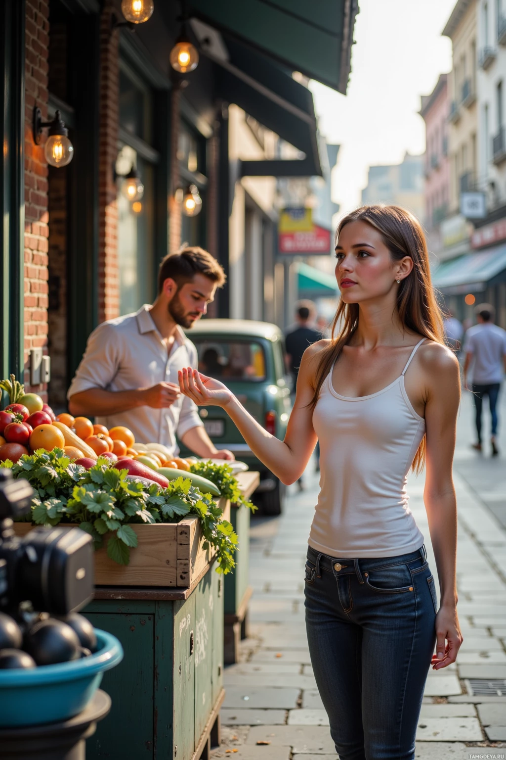 A woman stands near a fruit stand on a city street, interacting with a vendor.