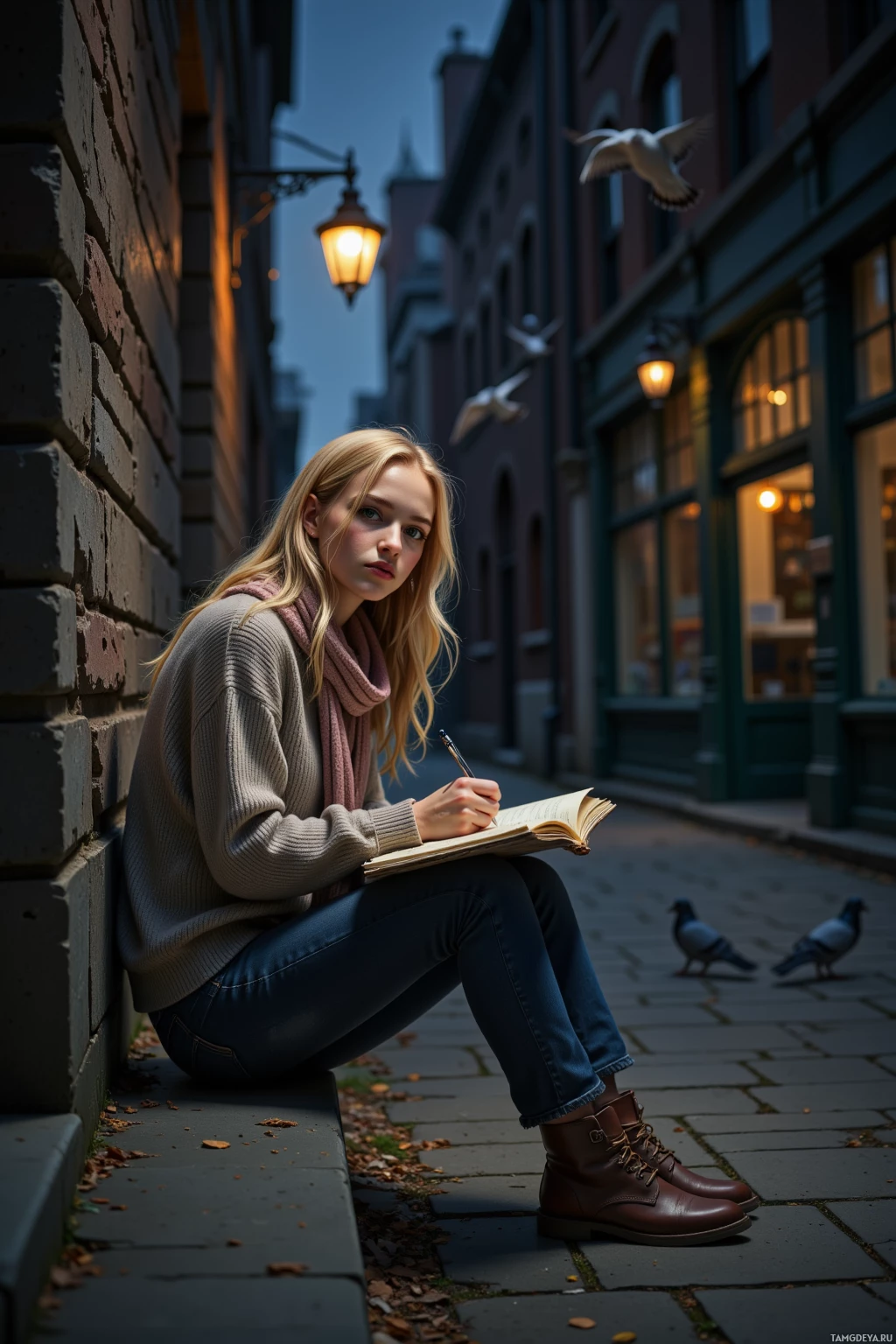 A person sits on a ledge in an alleyway, writing in a notebook with pigeons flying nearby.