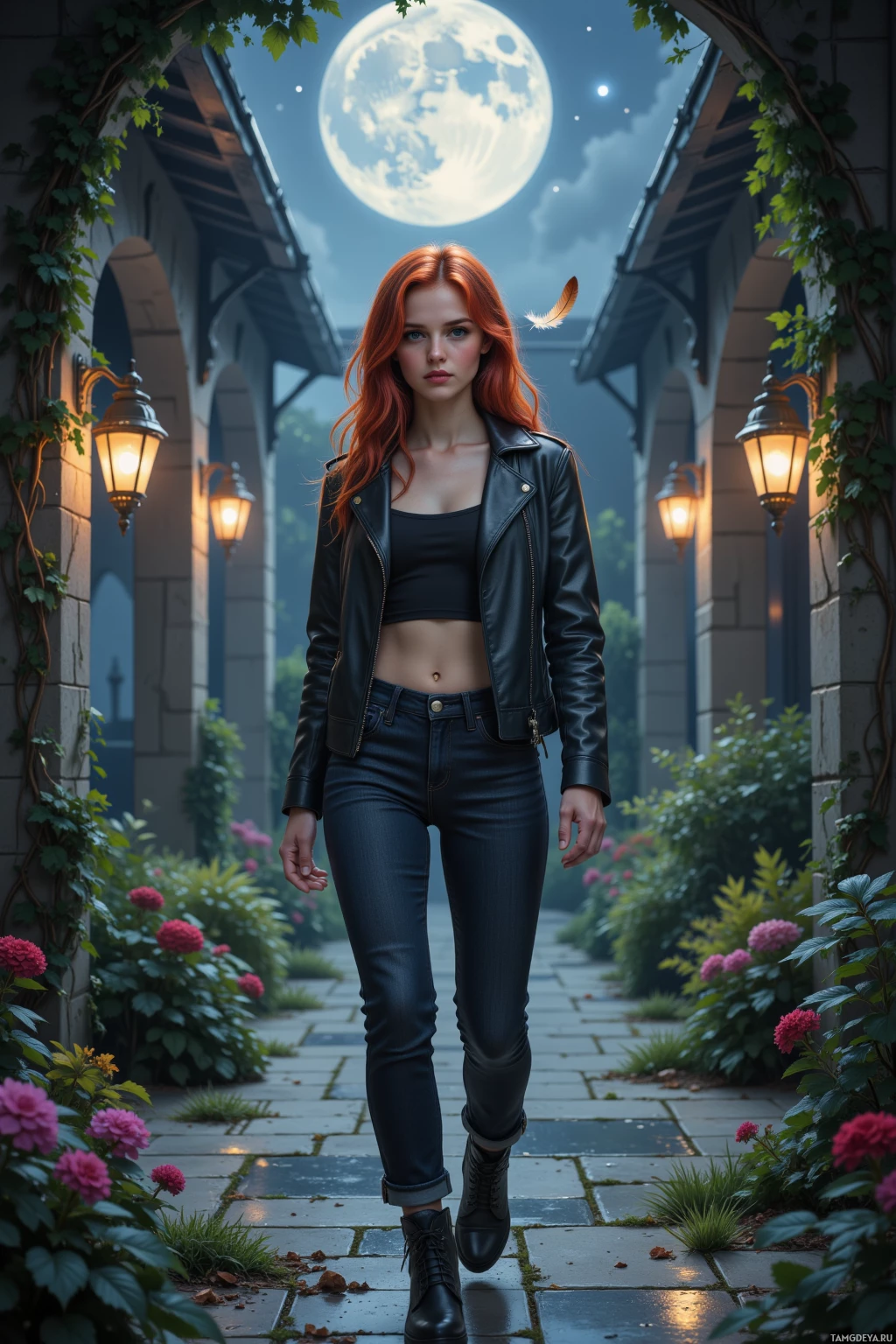 A woman in a leather jacket walks down a moonlit garden path.