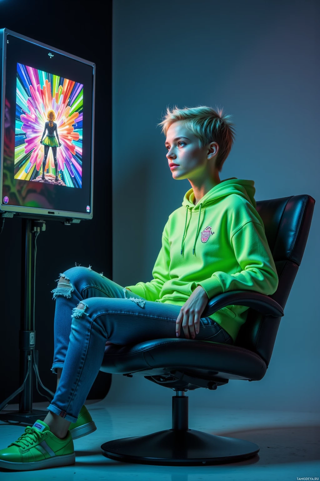 A person in a green hoodie sits in a chair, looking at a colorful screen.