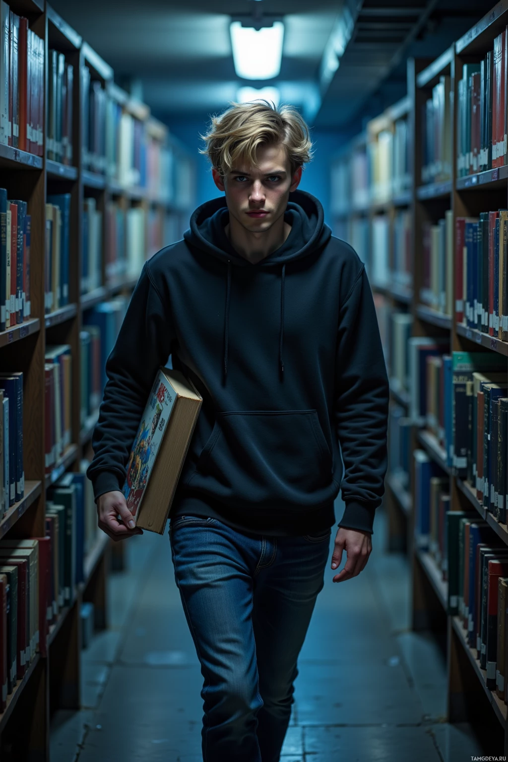 A young person in a hoodie walks through a library aisle holding a book.