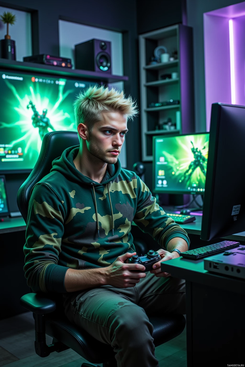A person in a camouflage hoodie is seated in a gaming chair, holding a controller, with a computer setup and vibrant green lighting in the background.