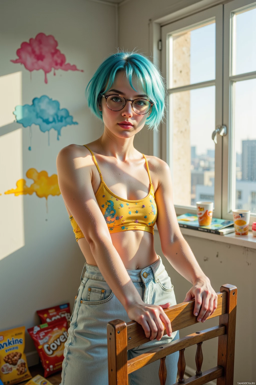 A person with blue hair and glasses stands in a room with a window, wearing a yellow top and jeans.