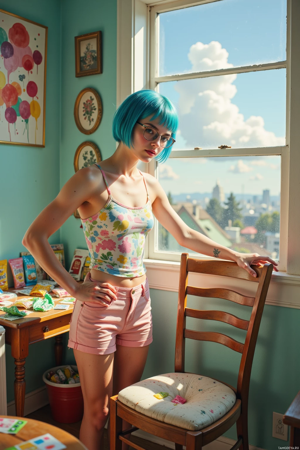 A person with blue hair stands in a room with a window, wearing a floral tank top and pink shorts.