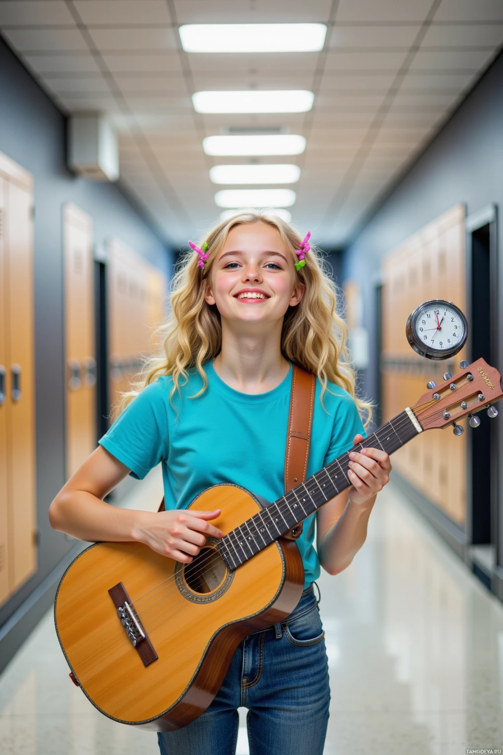 A girl stands in a school hallway holding a guitar.
