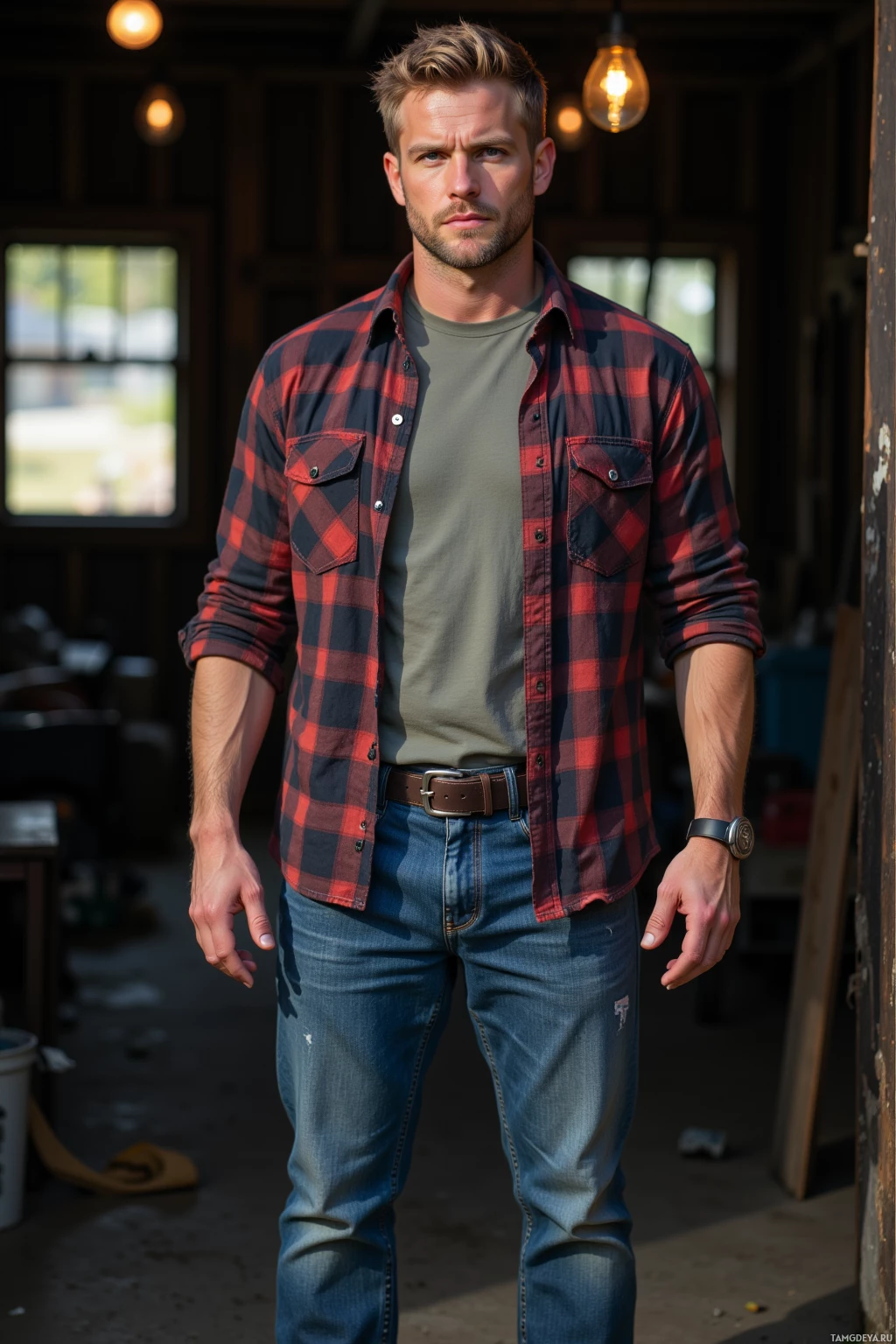 A man stands in a rustic setting wearing a red and black plaid shirt over a green t-shirt, paired with blue jeans and a brown belt.