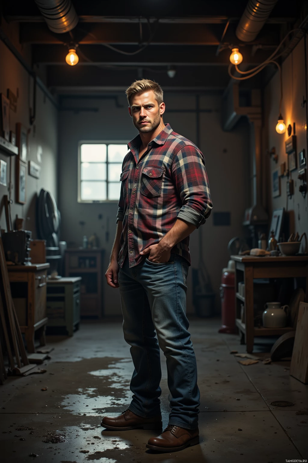 A man stands in a dimly lit workshop, wearing a plaid shirt and jeans.