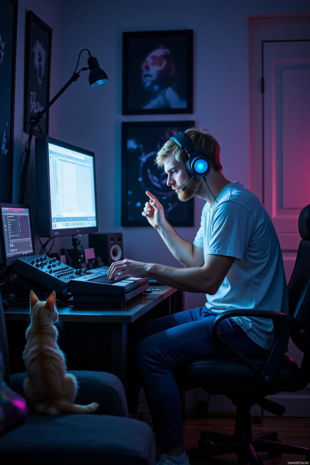 A person wearing headphones works at a desk with a computer and a cat sits nearby.