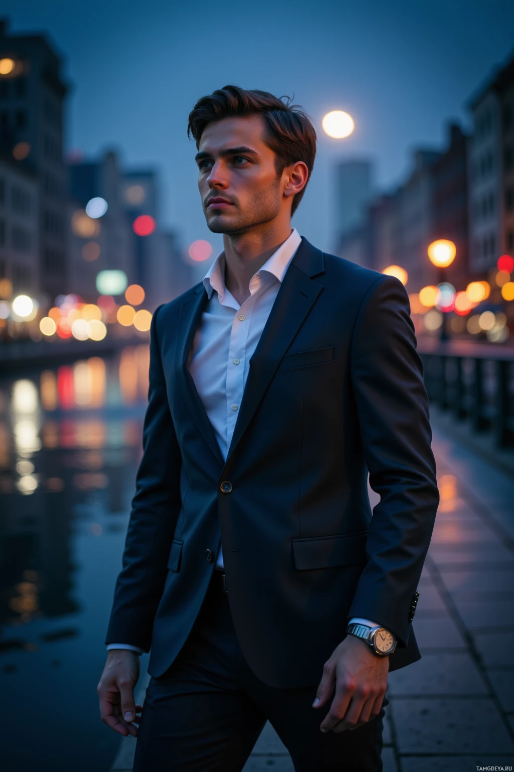 A man in a suit stands on a city street at dusk.
