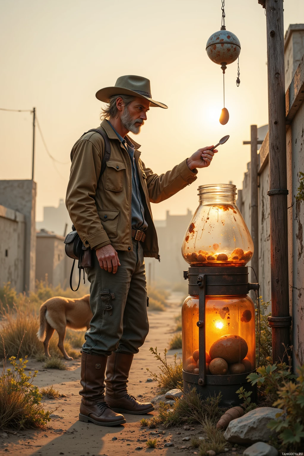 A man in a hat and jacket stands beside a lantern with a dog in the background.