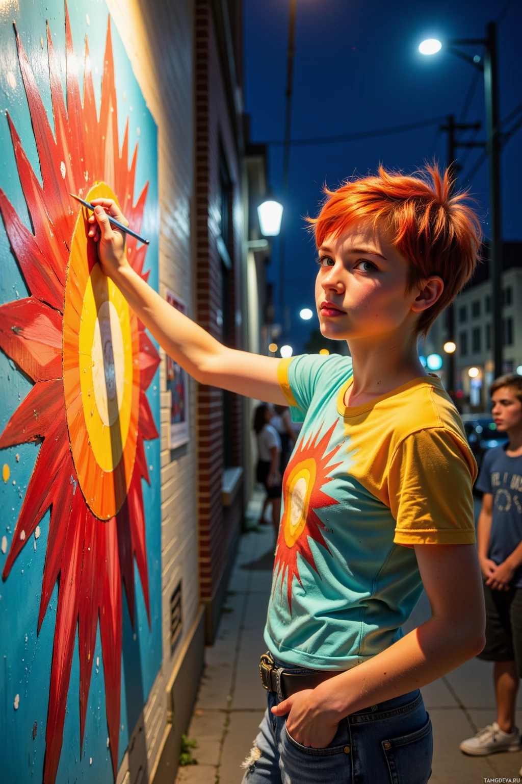 A person with short red hair paints a mural of a sun on a wall at night.