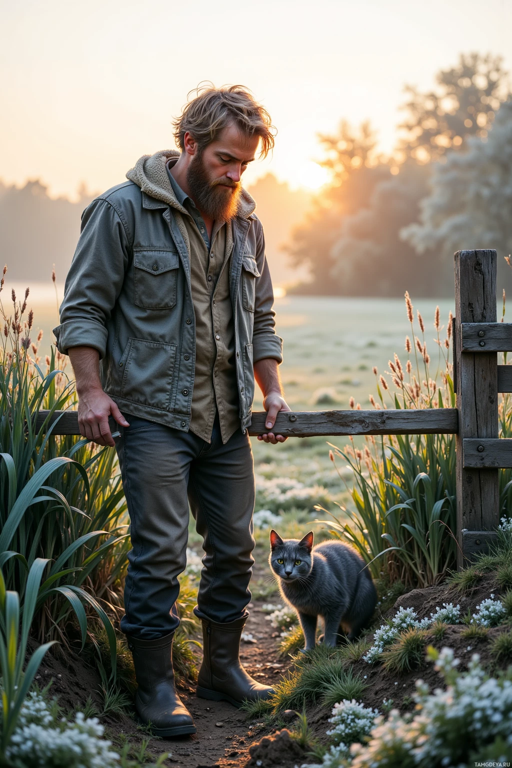 A man in a field at sunset, holding a wooden fence, with a cat nearby.