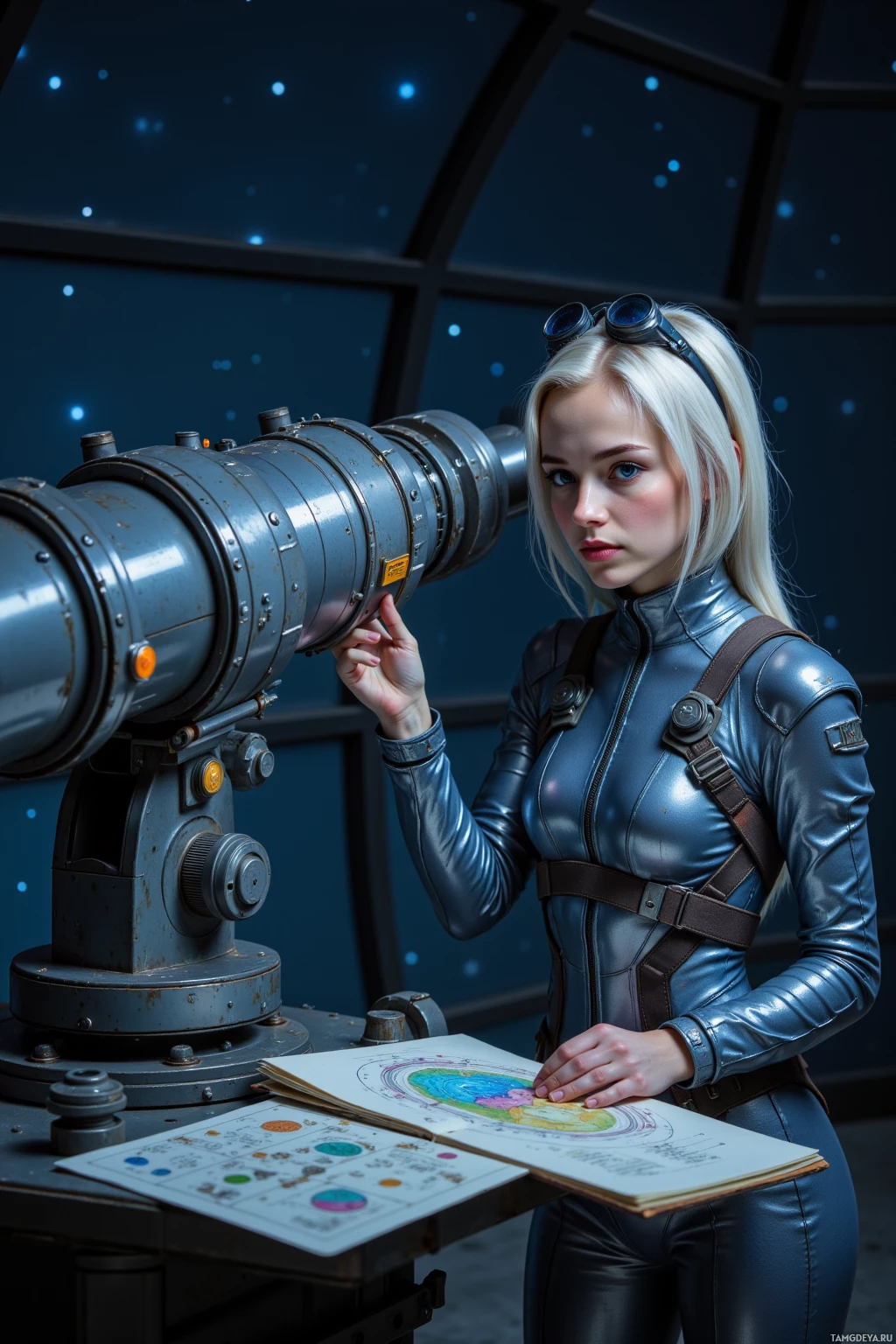 A person in a futuristic outfit stands beside a large telescope, holding a book.