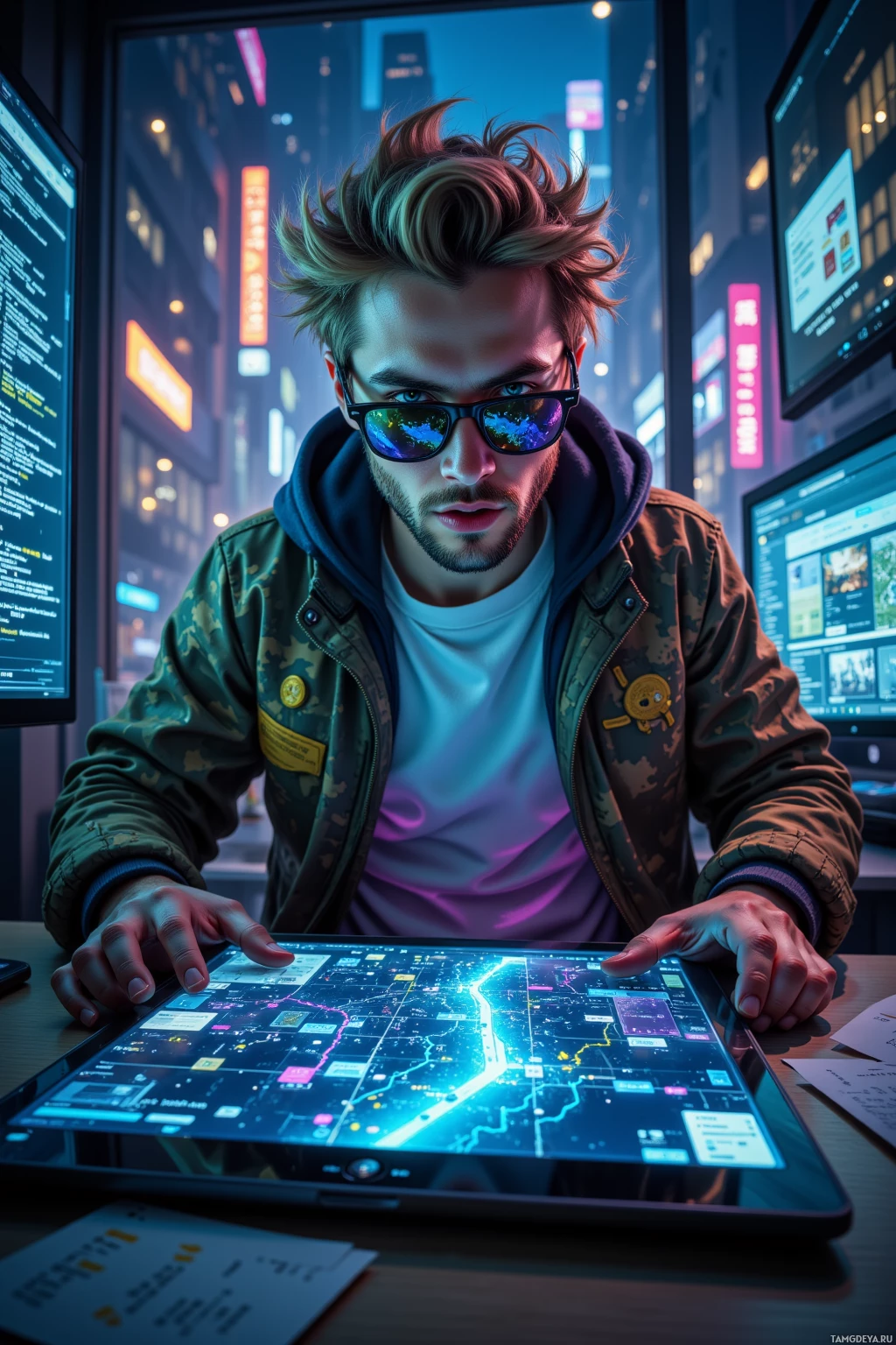 A person wearing sunglasses and a jacket is working on a tablet with a futuristic map interface.